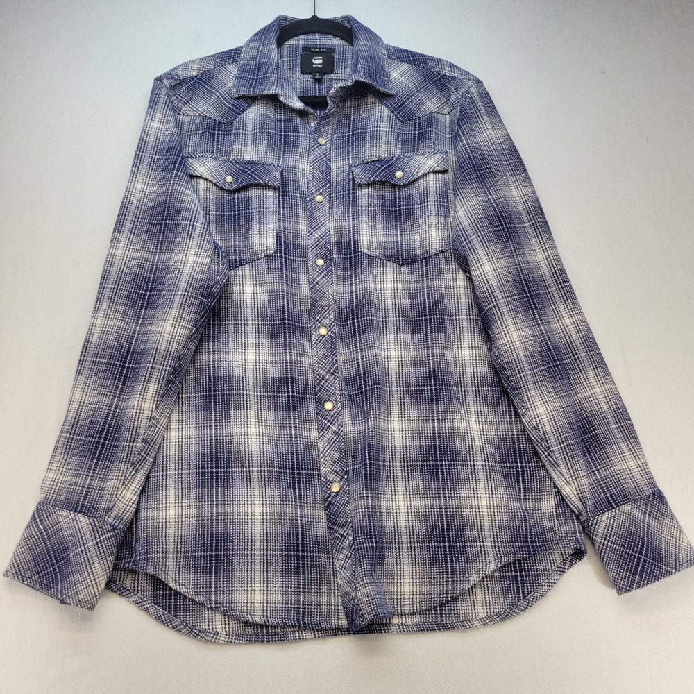 G-Star RAW Button Down Shirt Mens Large Blue Plaid Slim Fit Pearl Snap Heavy